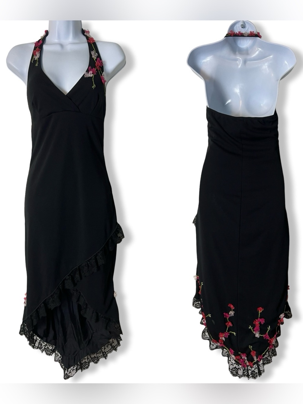 90s Whimsygoth Handmade VTG Black Halter Dress Ribbon Flower Lace Hi Low Sz S